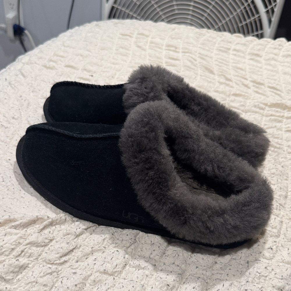 UGG Black Slippers with Dark Gray Fur
